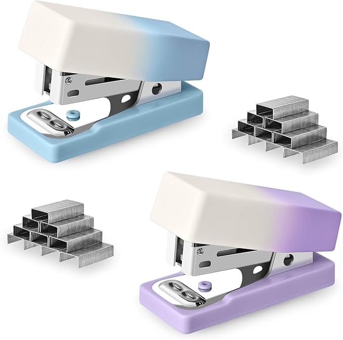 Temiary 2 Pcs Mini Desktop Stapler with Staples Standard, Small Cute Stapler for Desk, 12 Sheets Capacity, Gradient Staplers for Student or Office Use (Blue & Purple)