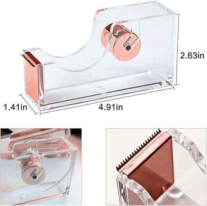 Acrylic Rose Gold Tape Dispenser Desktop Stapler, Acrylic Office Supplies Includes Staple Remover, Tape, 1000pcs Staples Desk Accessory Kit, Modern Clear Stationery Kit for Everyday Office Needs