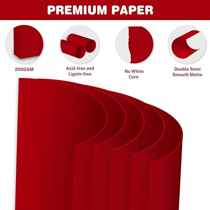 Cardstock 8.5 X 11, 40 Sheets Red Card Stock, 75lb/ 200gsm Copy Paper, Cardstock Printer Paper for Art, Drawing, Invitations, DIY Cards, Watercolor, Craft, Construction, School & Office Supplies
