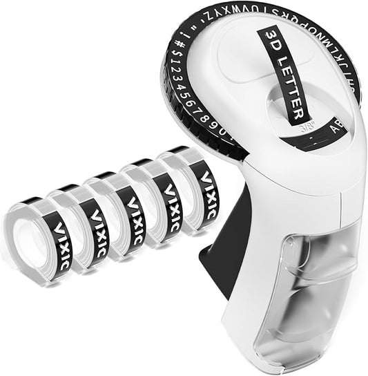 Vixic Embossing Label Maker Machine with Tapes, Vintage Retro Embossed Label Maker Punch, Old School Manual Embosser Labeler with 5 Rolls 3D 3/8" Emboss Black Tapes for Home DIY Kids School Items