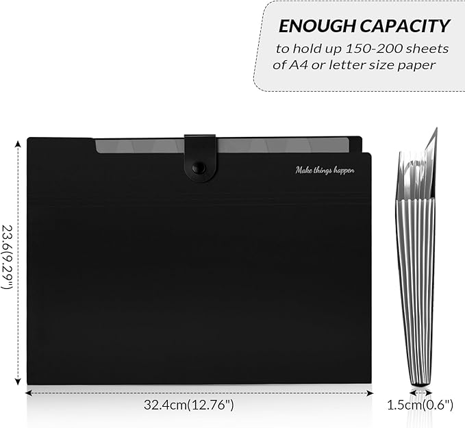 SKYDUE Expanding File Folders with Labels,8 Pockets Accordion File Organizer, Portable Document Paper Organizer, A4 Letter Size Filing Folder for Office, Pack of 4, Black