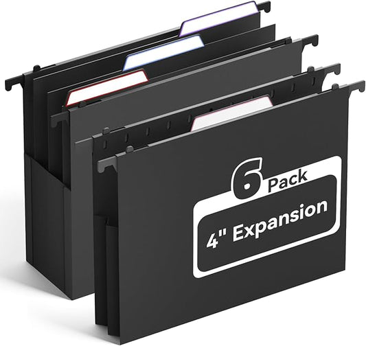 Ansook Plastic Large Capacity Hanging File Folders Letter Size,Heavy Duty 4" Expandable File Folder with Movable Dividers,6 Pack File Cabinet Folders with Tabs,Hanging Folder Organizer for Home Office