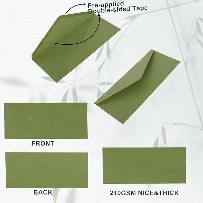 Whaline 50Pcs Business Envelopes Sage Green Mailing Envelopes V-Flap Envelope for Invitations Mailing Letters Checks Sending Card, 4 1/8 x 9 1/2 Inch