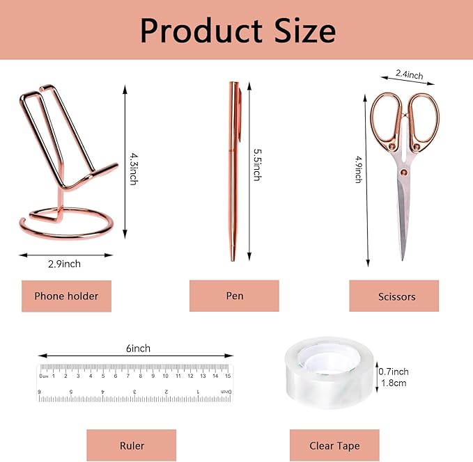 Office Supplies,Desk Accessories,with Stapler,Tape Dispenser,Pen Holder Cup for Desk,Staple Remover,Scissor,Ballpoint Pen,Clear Tape, Staples,Phone Stand,Ruler,Binder,Best Gift Set(Rose Gold)