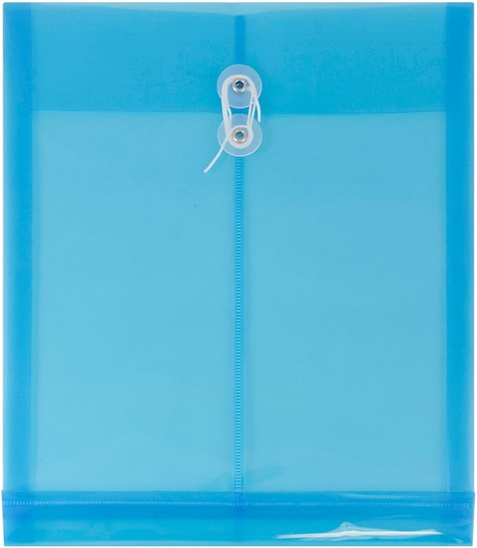 JAM PAPER Plastic Envelopes with Button & String Tie Closure - Letter Open End - 9 3/4 x 11 3/4 - Assorted Colors - 12/Pack