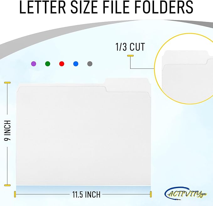 White File Folders, 1/3-Cut Tabs, Letter Size, 12-Pack – Durable Office Filing Folders for Documents, Papers, and Organization