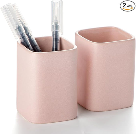 Pen Holder, 2 Pack Pencil Holder for Desk,Ceramic Pencil Cup Desk Organizer, Makeup Brush Holder Cute, Stationery Accessories for Office, School, Home (Matte pink)