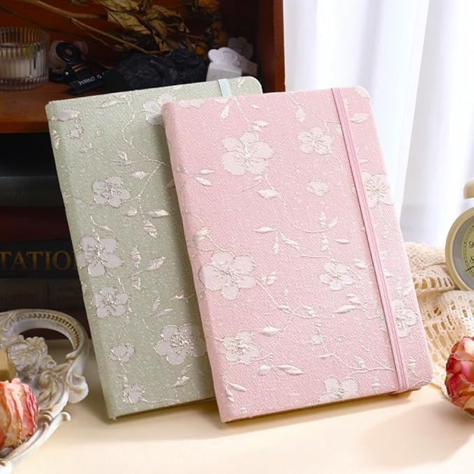 A5 Notebook, Ruled Paper, Lined Page, Hardcover, Layflat, Linen Cover, Flower Fabric, Journal for Women, Elastic Band Closure, Cute Notebooks for School, Office, Personal Writing, Pink