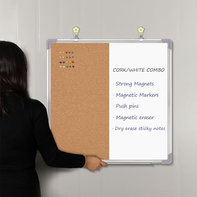 Cork Board White Board Combo - 24 x 24 Dry Erase Cork Board with 1 Dry Eraser, 4 Markers, 4 Magnets, 10 Thumb Tacks and 6 Magnetic Notes - Message Bulletin Board White Board for Home Office Desk