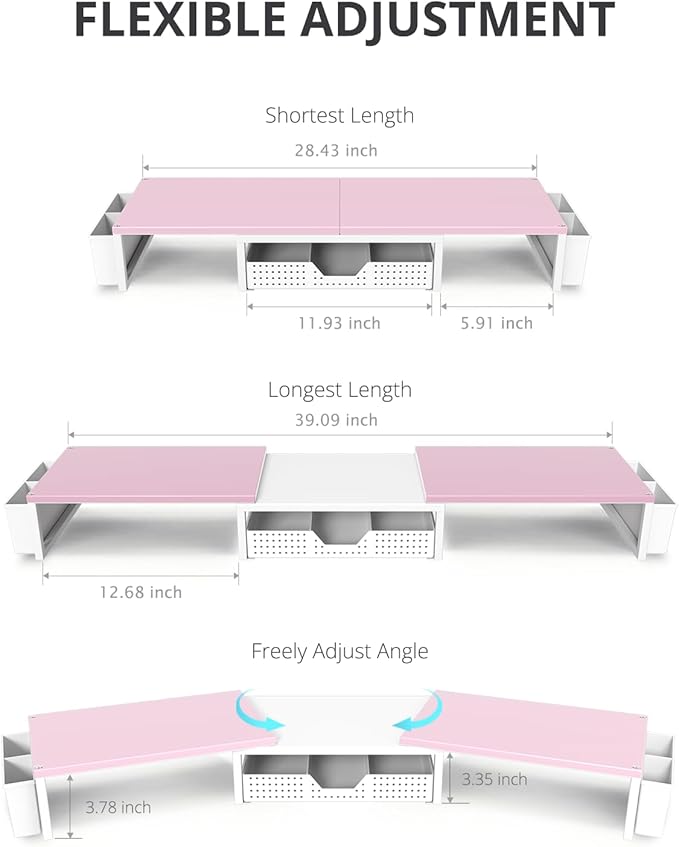 Desk Dual Monitor Stand Riser - Desk Organizer with Drawer and Pen Holders, Office Desk Accessories & Workspace Organization, Computer Monitor Stand for Laptop, Printer(Pink＆ White)