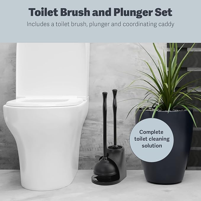 Casabella Bowl Brush & Plunger Combo - Heavy-Duty Toilet Plunger and Cleaning Brush, Ergonomic Handles, Durable Bowl Brush, Tackles Tough Clogs, Discreet Storage