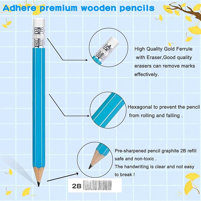 Adhere 25pcs Golf Pencils with eraser Hexagon Wooden Pencils Graphite 2B for Golf Event Scoring,Classroom,Wedding,Company Meetings,Pew, Pocket (z-Light blue・Hexagon・50pcs)