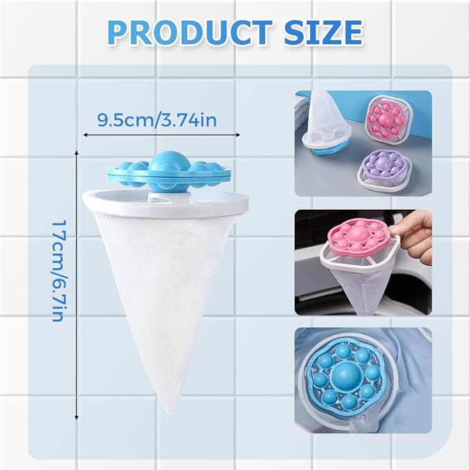 3PCS Floating Hair Filtering Mesh Removal, Reusable Lint Catcher for Washing Machine Wool Device, Pet Hair Remover Hair Filter Cleaning Mesh Bag (Blue)