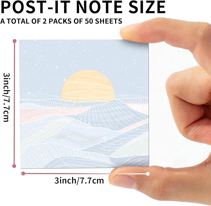 2 Pack Sticky Notes 3x3 Inches, Bright Cute Strong Sticking Power, Easy to Post for Home, Office, 80sheets/Pads, Cartoon Sunset