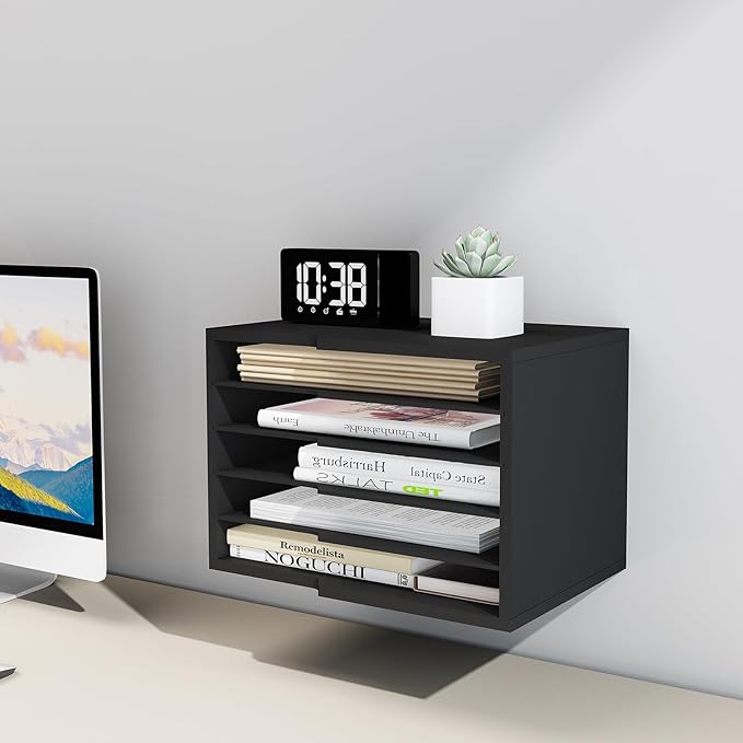 LAPTAIN Desktop File Sorter with 4 Adjustable Shelves for Home and Office, Paper Letter Tray Organizer Wall Mount, Black