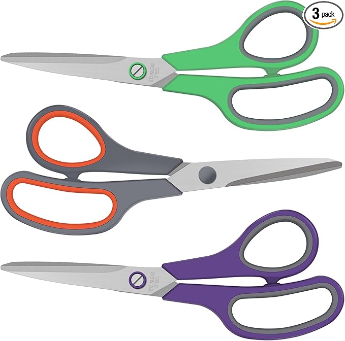 3 Pack All Purpose Scissors, 8.3" Stainless Steel Scissor With Ergonomic Soft-Grip Handles, Sharp Scissors Set for Office, School, Kitchen, Crafts, Sewing, Right/Left Hand(Green+Orange+Purple)