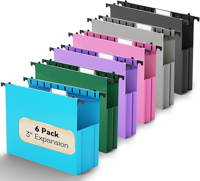 Plastic Expandable Hanging File Folder Letter Size,Heavy Duty 3 Inch Expansion,6 Pack Extra Capacity Hanging Folders,Accordian Pocket,Adjustable Tabs,Hanging Organizer for Bulky Files-Colored