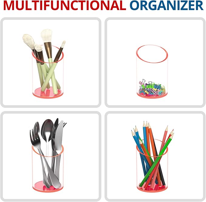 Pen Holder for Desk Organizer, Acrylic Makeup Brush Organizer Sanitizer Holder Pen and Pencil Holder for Office, Home, School, Neon Pink
