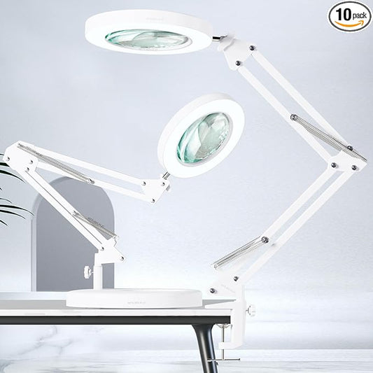 HITTI 10X Magnifying Glass with Light, 1,800 Lumens Stepless Dimmable, 3 Color Modes, 4.2″ Real Glass Lens LED Magnifying Desk Lamp & Clamp, Magnifier Light and Stand for Crafts Close Work-White