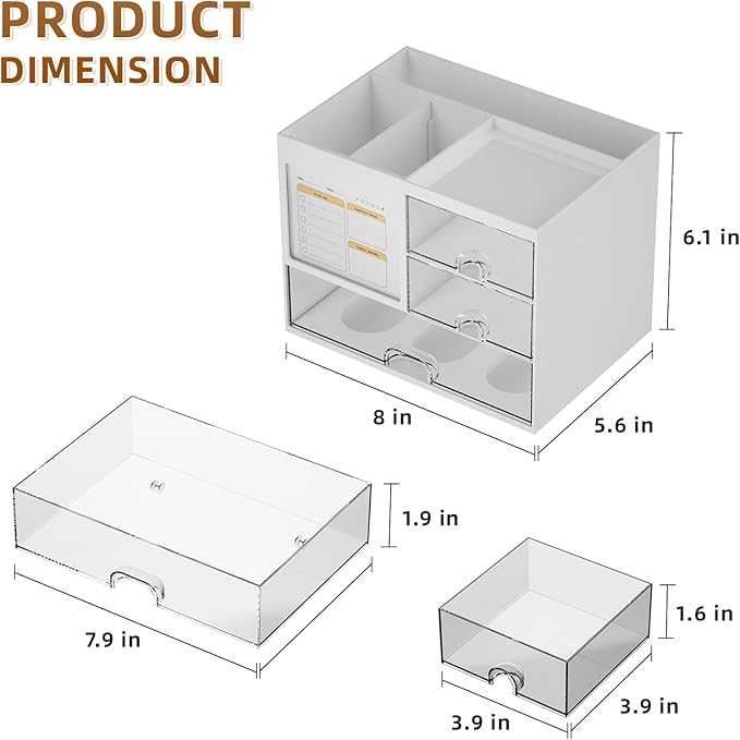 Marbrasse Desk Organizer with 3 Drawer, Multi-Functional Pencil Pen Holder for Desk, Desk Organizers and Accessories with 4 Compartments, Desktop Organizer Storage for Office Home Art Supplies (White)