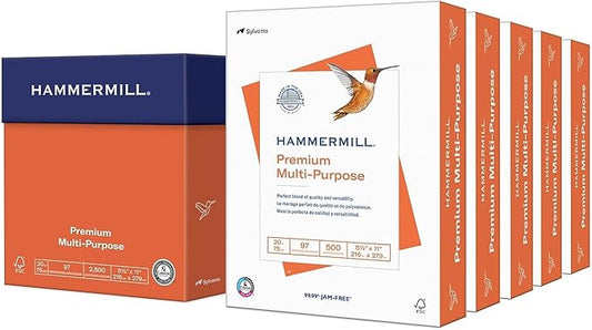 Hammermill Printer Paper, Premium Multipurpose Paper 20 lb, 8.5 x 11 - 5 Ream (2,500 Sheets) - 97 Bright, Made in the USA