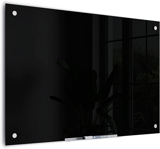 U Brands Glass Dry Erase Board, 24" x 36", Black Surface with Silver Grommets, Frameless, Includes Marker with Built-in Eraser