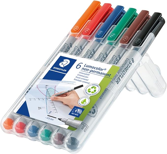 STAEDTLER Lumograph Non-Permanent Wet Erase Marker Pens, Fine Tip Refillable Colored Markers, 6 Pack, 315 WP6