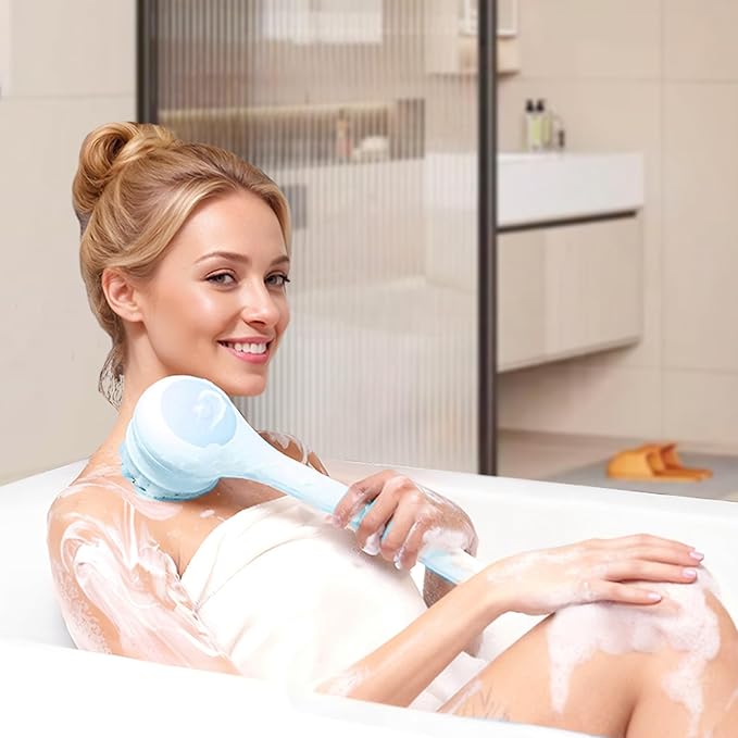 Oh,XIYU. Electric Body Brush Back Scrubber for Shower, Waterproof Long Dual Handle Power Body Scrubber with 3 Heads, Rechargeable Bath Brush & 2 Speeds, for Cleansing, Exfoliating and Massaging Skin
