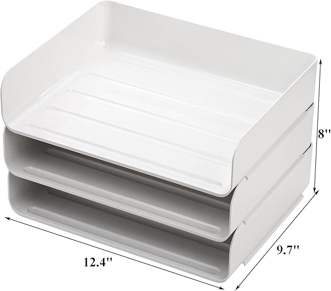 Okllen 3 Pack Stackable Desktop Letter Tray, 3 Tier Paper Document Tray Organizer, White Plastic Desk File Rack for A4 Paper, Magazine, Receipts, Office Supplies