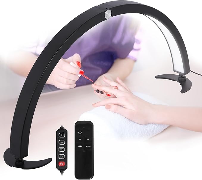 Half Moon Light for Nail Desk, 29in Half Moon Table Lamp Nail Desk Lamp with Wire Controller & Remote, Lash Light Lamp for Eyelash Extensions Tattoo PMU, 7 Cool/Warm Tones & 10 Brightness