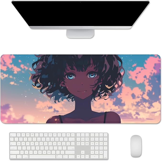 Anime Black Girl Extended Mouse Pad Desk Mats on Top of Desks Gaming Pad Large Mousepad with Stitched Edge Non-Slip Rubber Base for Computer Keyboard Laptop PC (27.5X11.8 in)