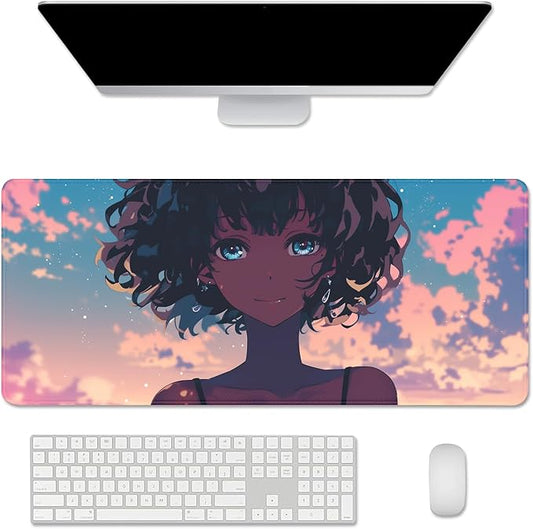 Anime Black Girl Extended Mouse Pad Desk Mats on Top of Desks Gaming Pad Large Mousepad with Stitched Edge Non-Slip Rubber Base for Computer Keyboard Laptop PC (27.5X11.8 in)