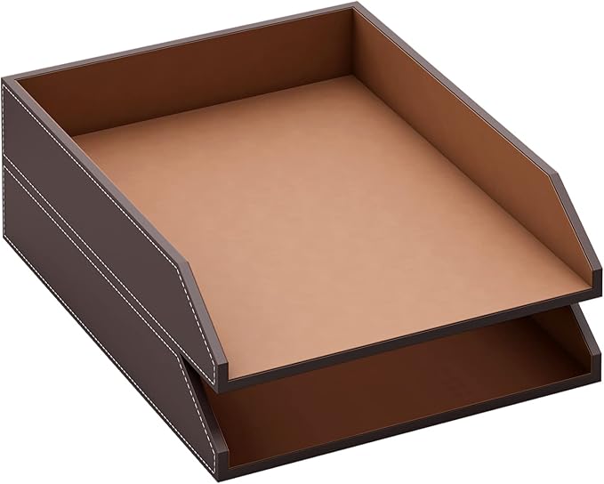 Leather Letter Tray, Thipoten Stackable Desk Organizer Holder for Office Supplies, Paper, File, Magazine, Perfect Office Organization for Desktop (Brown-2Tiers)