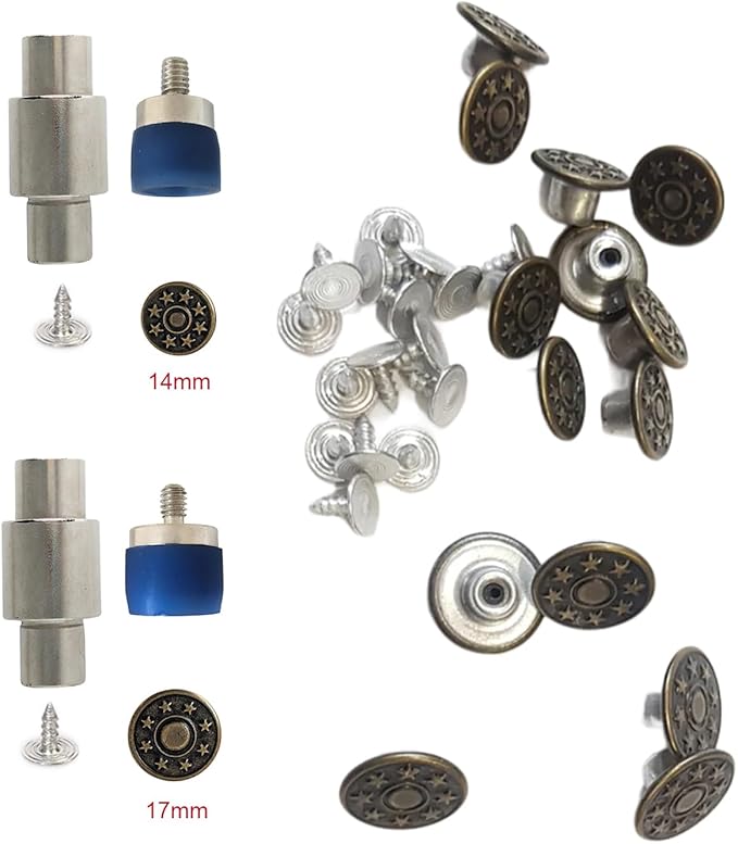 Hand Press with Brass 14 mm and 17 mm Jean Buttons Nipple Rivets 5mm (Nr3) Eyelets 7 and 9 mm Single Capped Rivets Matching Dies and Hole Punch (Green Press)