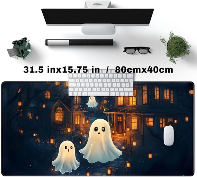 Cute Desk Mat Ghost Cartoon Mouse Pad Haunted House Style Desk Pad, Gaming Mouse Pad XXL Mouse Keyboard Pad Aesthetics Ai Desktop Mat Mouse Pads for Desk Computer Accessory Home Decor 31.5" X 15.7"