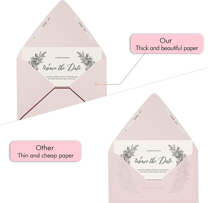 A7 Pink Envelopes 50 Pack With Rose Gold Border Christmas Envelopes Quick Self Seal, For 5x7 Cards| Perfect for Weddings, Invitations, Photos, Graduation, Baby Shower (Pink-rose golden border)