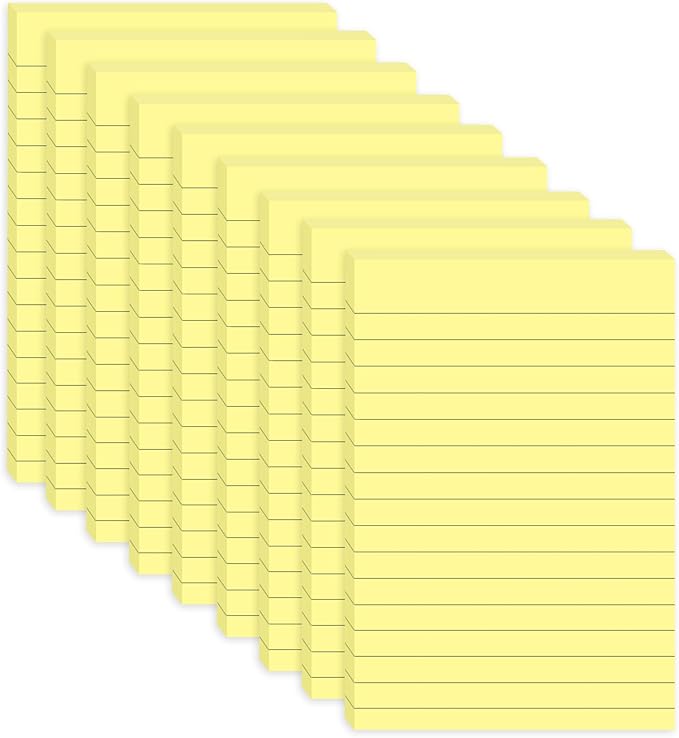 9 Pack Lined Sticky Notes with Lines 4x6 in Post, Yellow Color, Large Ruled Super Sticking Power Memo Pads, Self-Stick Pads for Home, Office, School