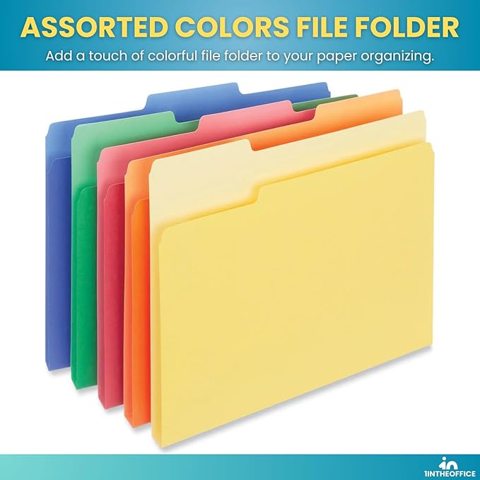 1InTheOffice Colored File Folders, Top-Tab File Folders, 3 Tab, 5 Assorted Colors, Letter Size, 100/Pack
