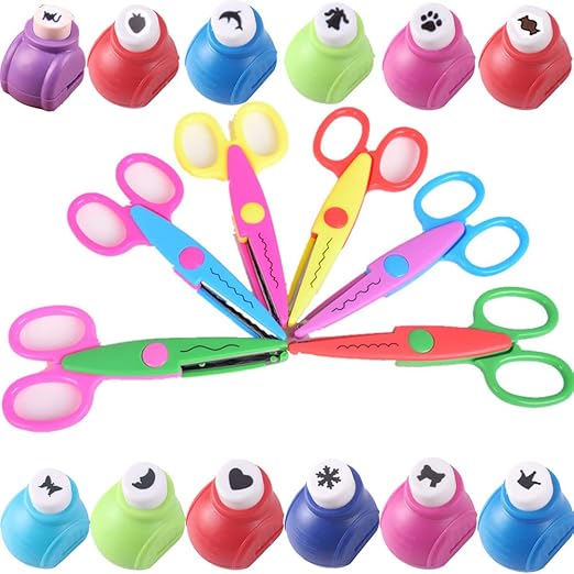 Scrapbook Paper Punch and Decorative Scissors, Qtopun 6 Pcs Creative Scissors and 12 Pcs Craft Punch Wave Lace Edge Cutters Paper Hole Punchers for Crafts, DIY Photo, Set of 18