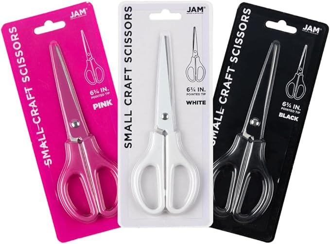 JAM PAPER Arts & Crafts Scissors Set - 6 3/4 Inch - Assorted Colors - Ergonomic Handle & Stainless Steel Pointed Tip Blades - 3/Pack