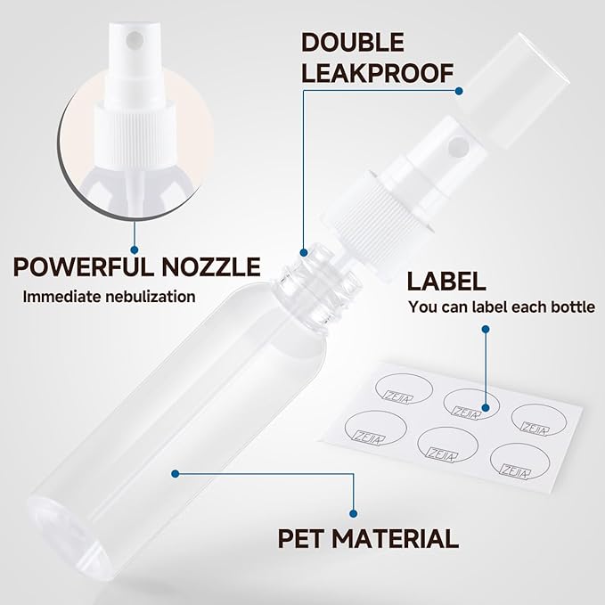 ZEJIA Small Spray Bottle 2OZ - Plastic Travel Refillable Mini Sprayer for Face, Liquids, Perfume - With Labels (3 Pack)