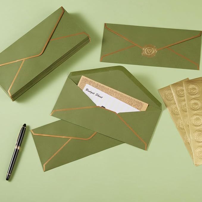 50 Pack #10 Business Envelopes with Gold Border, Self Seal Standard Envelopes with Gold Stickers for Office, Checks, Letter Mailing, Invoices, 4 1/8 x 9 1/2 Inches (Olive Green)