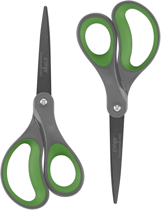LIVINGO Sharp Scissors All Purpose - 2 Pack 8 Inch Titanium Coated Non Stick Steel Shears Heavy Duty for Office Home School Sewing Crafting Cutting Paper Fabric, Comfortable Grip (Gray & Green)