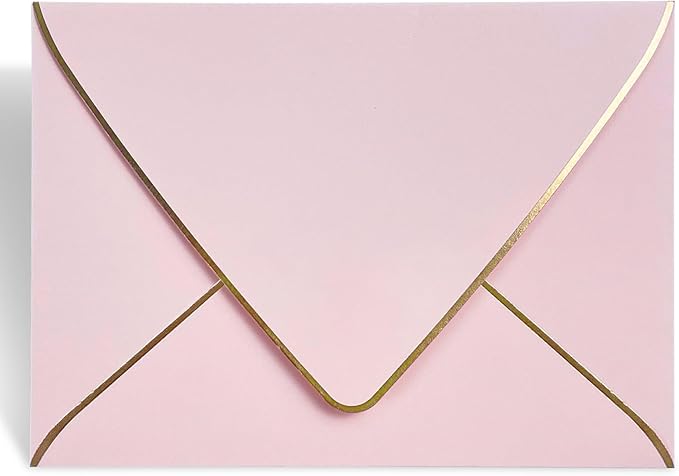 A7 Pink Envelopes 50 Pack 5 x 7 - V flap, Quick Self Seal, With Gold Border, For 5x7 Cards| Perfect for Weddings, Invitations, Photos, Graduation, Baby Shower|Thick Luxury Paper (Pink-golden border)