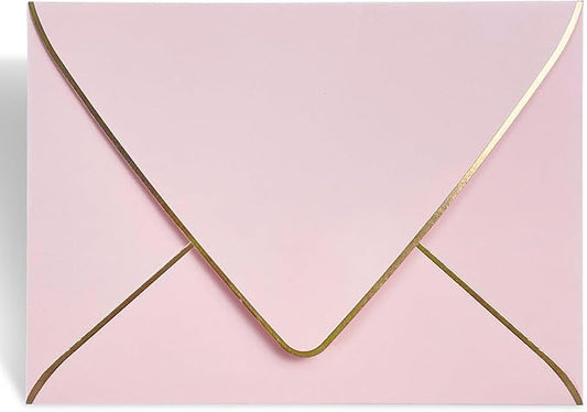 A7 Pink Envelopes 50 Pack 5 x 7 - V flap, Quick Self Seal, With Gold Border, For 5x7 Cards| Perfect for Weddings, Invitations, Photos, Graduation, Baby Shower|Thick Luxury Paper (Pink-golden border)