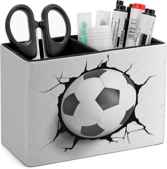 Pen Holder, Pencil Holder for Desk Organizer, Soccer Ball Cracked Wall PU Leather Pencil Cups Desktop Stationery Storage Makeup Brush Holder Pen Organizer for Office Home
