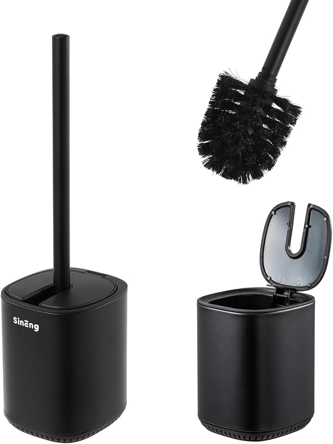 Toilet Brush and Holder Set Toilet Bowl Brush Stainless Steel Automatic Toilet Bowl Cleaner Brush with Durable Bristle Head Toilet Cleaning Brush for Bathroom 2 Pack Set Black