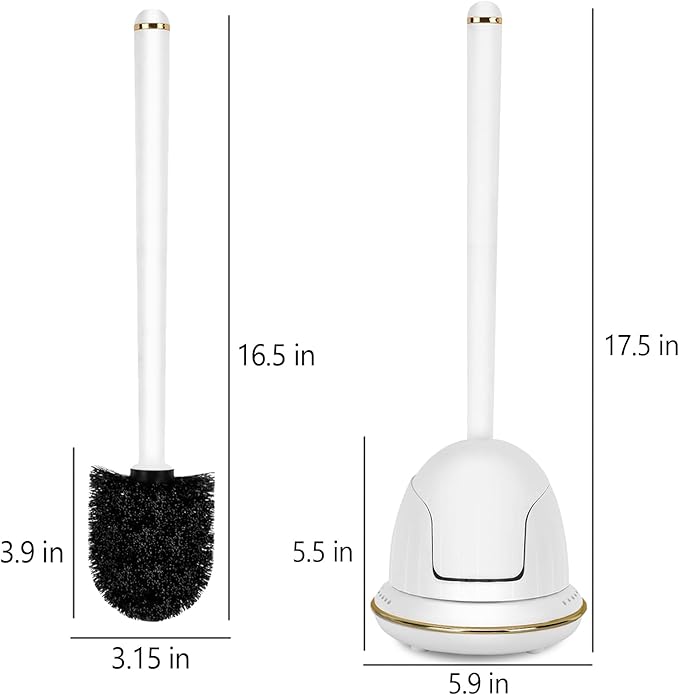 Gold and White Toilet Brush Set with Ergonomic Solid Long Handle, Auto-Opening Base, and Ventilated Base - Great for Bathroom and Toilet Cleaning, White and Gold Bathroom Accessories
