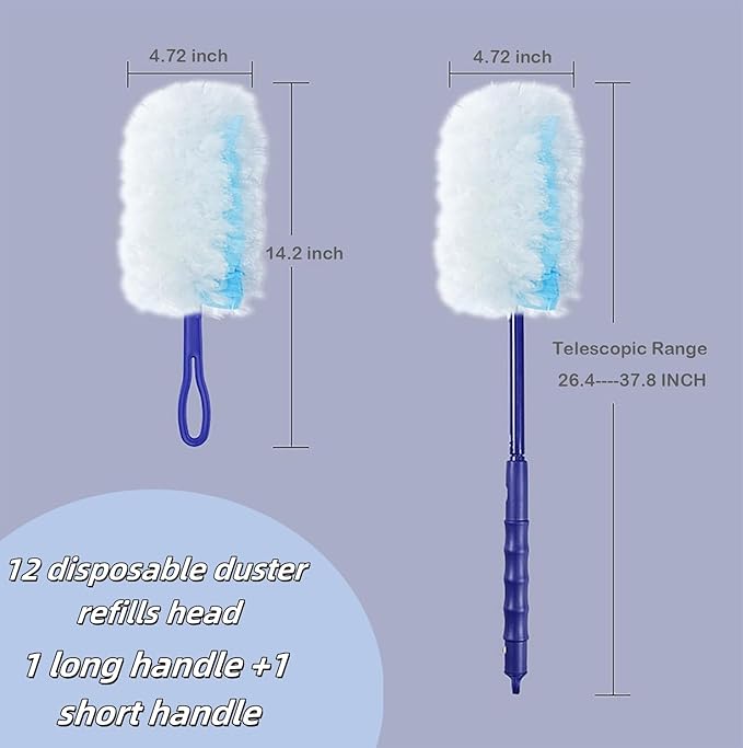 SUZZYVINE Duster Refill 360 Degrees with a Long Handle Plus a Short Handle, 12 Count Duster Refills,Blue and White