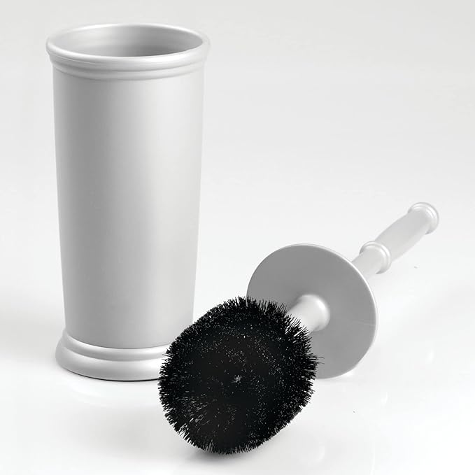 mDesign Compact Freestanding Plastic Toilet Bowl Brush and Holder for Bathroom Storage and Organization - Space Saving, Sturdy, Deep Cleaning, Covered Brush - Silver